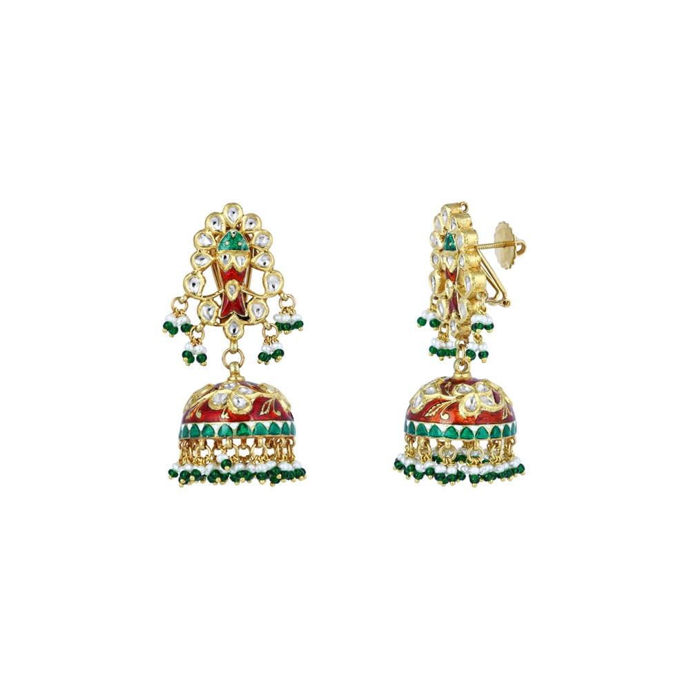 Polki Jhumka Earrings with Red-Green Enamel and Green Beads